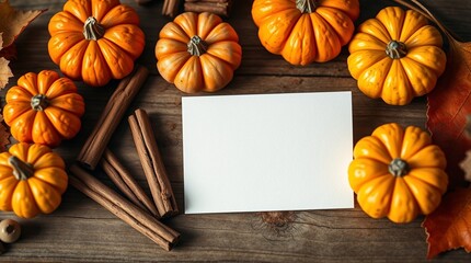 Autumn Flat Lay with Mini Pumpkins, Cinnamon, and Blank Card