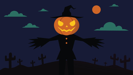 spooky pumpkin patch with scarecrow  dark vector b