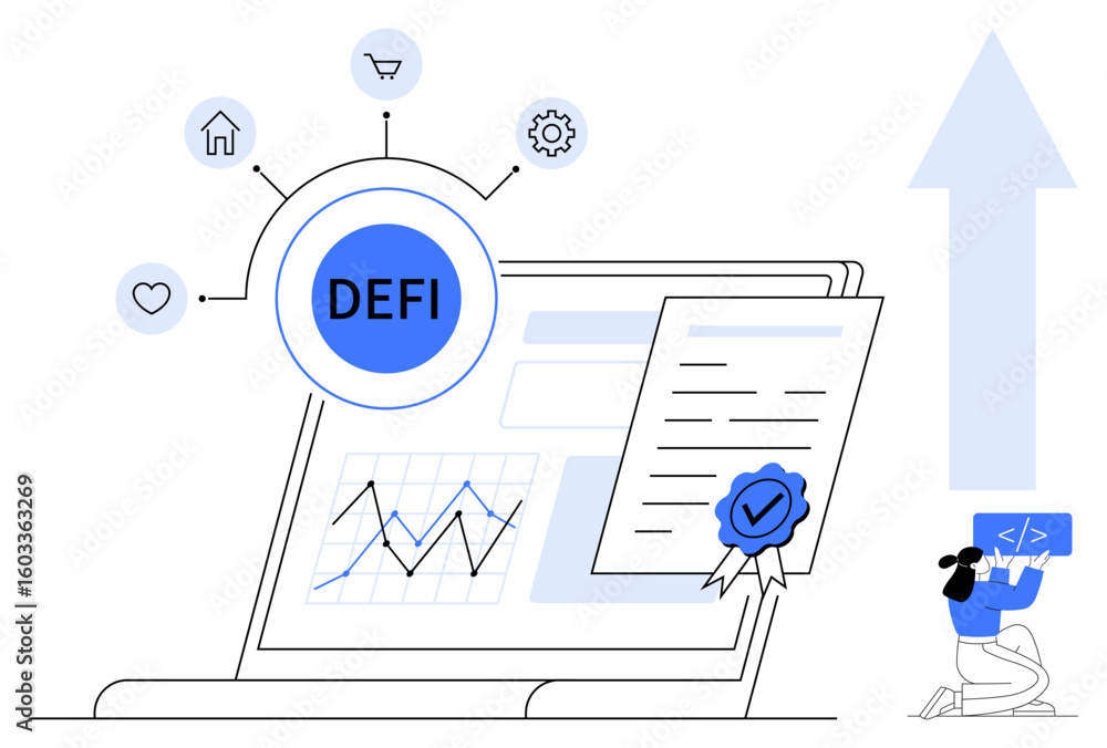 Poster laptop screen displaying defi analytics, certification, upward growth arrow, developer coding. ideal
