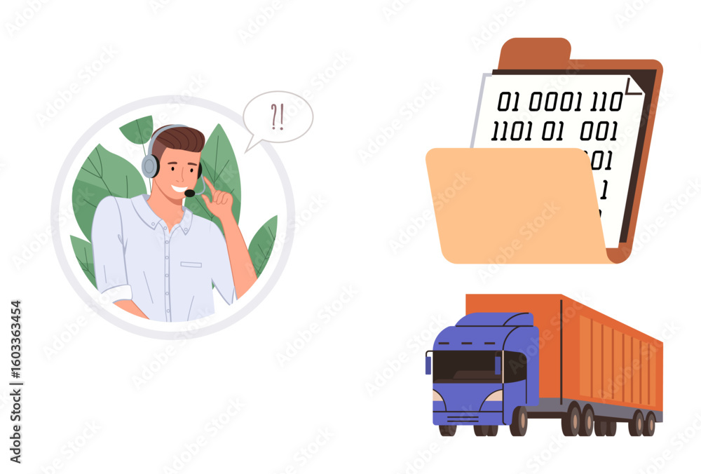 Poster man with headset talking, binary file in folder symbolizing digital data, and truck for logistics. i
