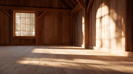 Empty room interior with timber frame construction and sunlight shining through the window onto wooden floor. House building.