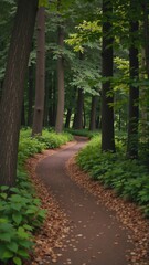 Fototapeta premium A peaceful forest path covered with fallen leaves, surrounded by tall green trees in autumn.