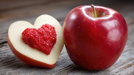 Fototapeta premium A vibrant red apple sits next to a sliced half, where the interior reveals a heart shape filled with a red substance