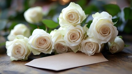 Bouquet of white roses on a wooden surface