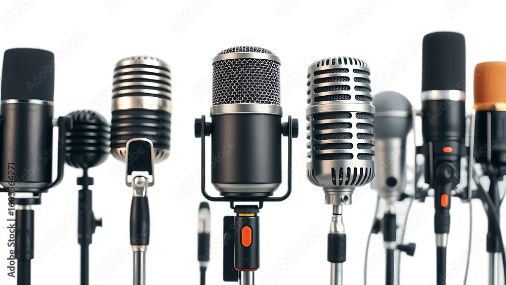 Poster different types of microphones displayed in a row for audio recording and broadcasting purposes isol