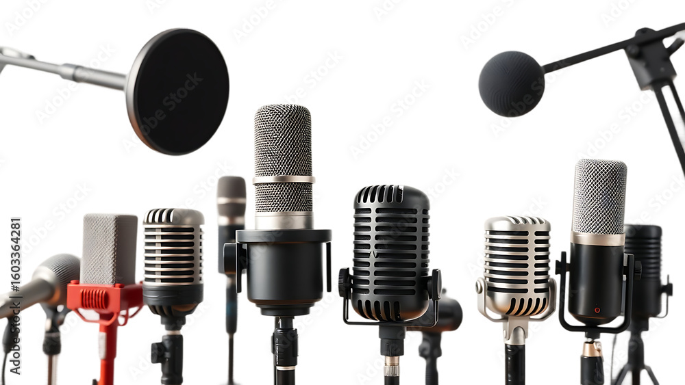 Poster different types of microphones displayed in a row for audio recording and broadcasting purposes isol