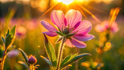 Fototapeta premium Pink wildflower in meadow at sunset