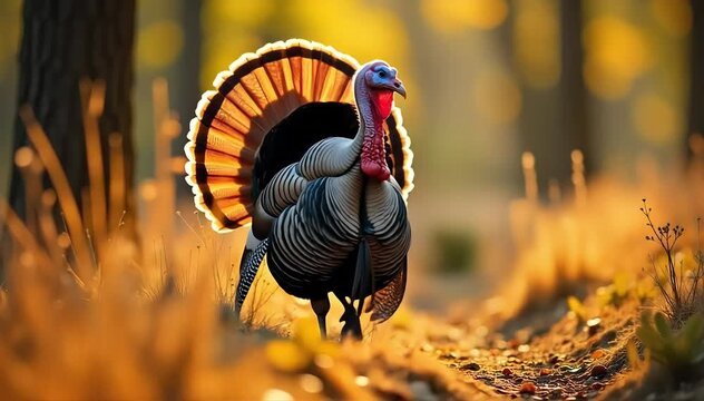 Turkey strutting in forest clearing