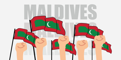 hand with flag of the Maldives or Maldives independence day vector illustration of Maldives flag with gray background banner or greeting card
