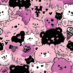 kawaii punk teddy bears pastel pink base black outline candy tones seamless pattern.