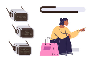 Woman sitting with shopping bag, pointing near three search levels, Deep Search, Deeper Search, and a search bar. Ideal for research optimization, online exploration, navigation tools, shopping