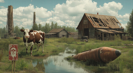 A brown and white cow stands near a toxic swamp, a rusted missile, and a hazard sign. Abandoned barns and industrial chimneys emphasize the theme of environmental pollution.