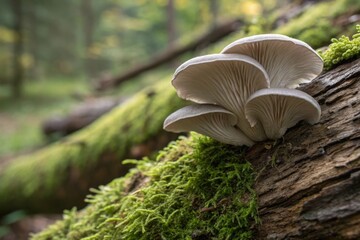 Fototapeta premium Photographing a single oyster mushroom cluster on a log natural setting macro photography soft background capturing nature's beauty