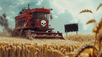 Rusty red combine with skull sign harvests golden wheat amid dust and danger. Symbolic image of toxic farming, environmental threat, and industrial pollution in agriculture.