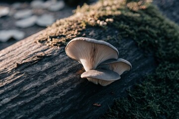 Fototapeta premium Photographing a single oyster mushroom cluster on a log at an angle soft background nature close-up view fungi growth
