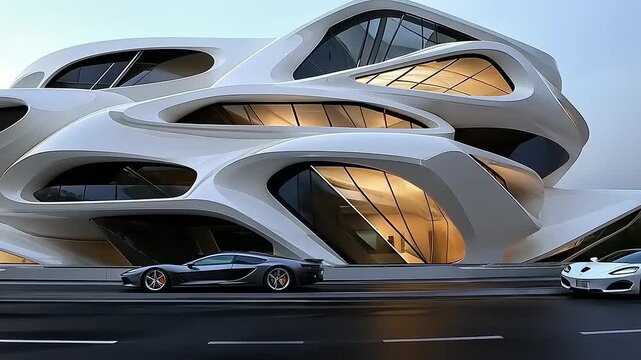 Futuristic architectural concept showcasing an avant-garde building design and sleek vehicles