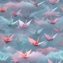 surreal origami cranes floating in dreamy mist mint green soft pink slate gray 3D papercraft texture.