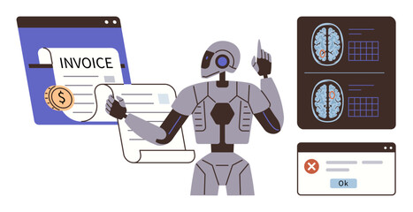 AI robot reviewing invoice data, examining brain scans, and interacting with error messages. Ideal for AI technology, machine learning, automation, healthcare, finance, decision-making