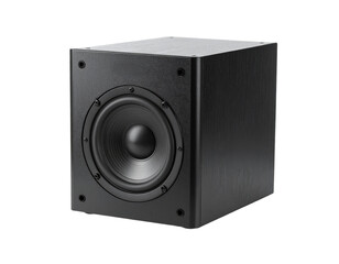 Obraz premium A black square subwoofer, isolated on a clean white background, for music and sound system themes.