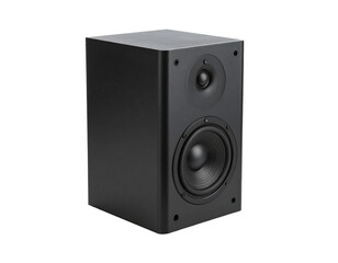 Obraz premium A black cube-shaped subwoofer speaker, isolated on a white background, indicating sound quality.