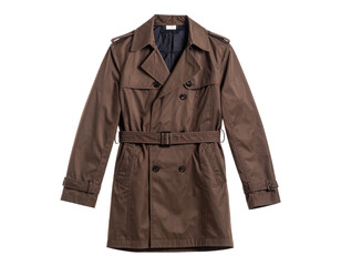 A folded brown trench coat, showcasing its design, isolated on a clean white background.