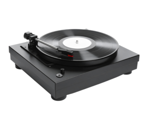 A classic black turntable for vinyl records, isolated on a white background, symbolizing music and retro technology.