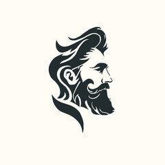 Artistic vector illustration of a man’s profile with a thick beard and stylized flowing hair in dark tones on a light background