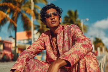 Obraz premium South Asian summer menswear, kurta and wide trousers, breathable fabric, floral patterns, tropical background, bright sunlight, relaxed and stylish look