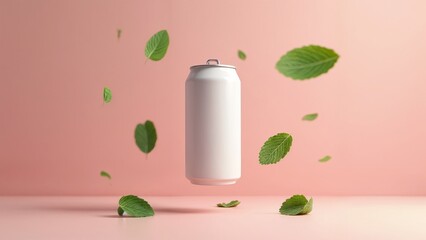 A white can of soda is flying through the air surrounded by green leaves.