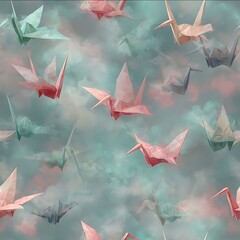 surreal origami cranes floating in dreamy mist mint green soft pink slate gray 3D papercraft texture.