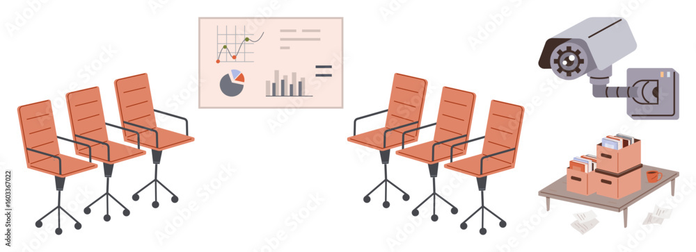 Aufkleber office chairs arranged in rows, data charts on a screen, security camera monitoring, and file boxes.