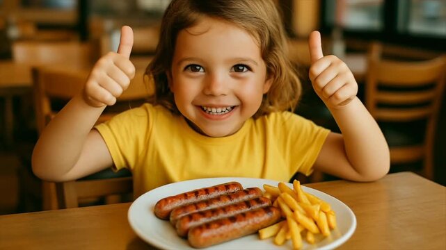 Child enjoys grilled sausages and fries in a casual dining setting