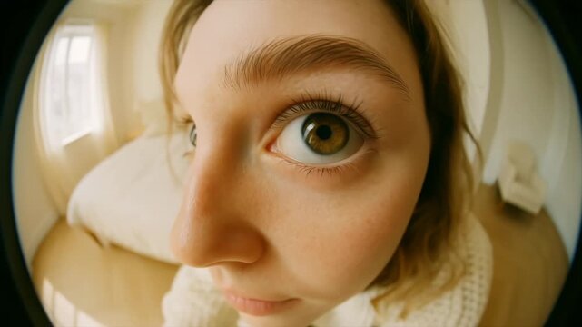 Unique close-up perspective of woman looking through the peephole