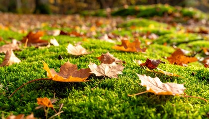 Autumn leaves on moss-covered ground