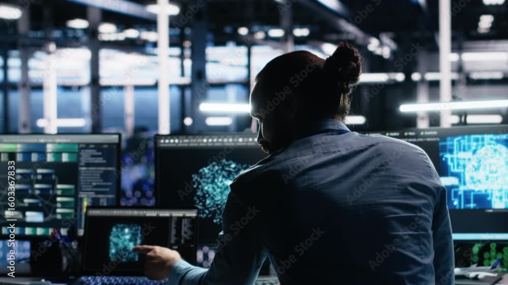 Poster data center system administrators use pc to monitor neural network using ai llm. asian man and colle