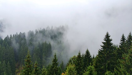 Verdant pine forest veiled in cool morning fog trees green