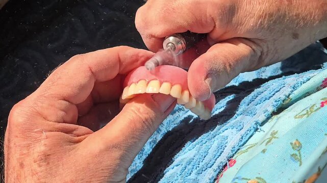 The video shows hands holding a tool gently smoothing the denture before the final polishing stage. 4K video