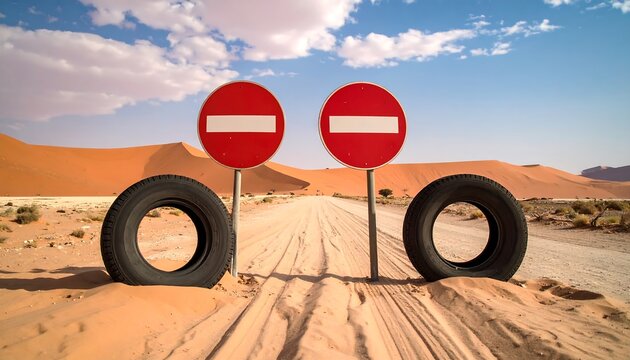 Desert road closed by no-entry signs