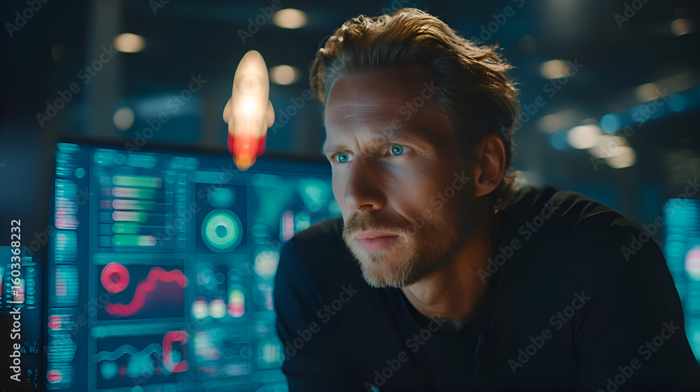 Poster focused system administrator monitoring servers in data center control room