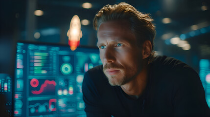 Focused system administrator monitoring servers in data center control room