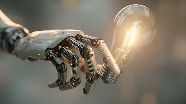 Robot hand holding illuminated light bulb symbolizing artificial intelligence innovation