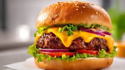 Delicious cheeseburger melting on juicy beef patty with fresh toppings