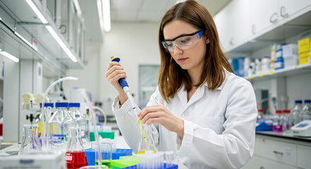 Fototapeta premium female scientist conducting experiment in modern laboratory with colorful chemicals