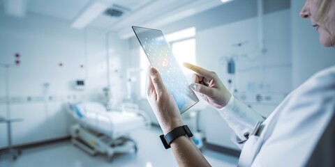 Doctor uses futuristic holographic tablet to analyze human body scan in hospital