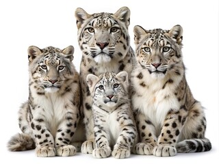 Fototapeta premium Snow leopard family portrait isolated on white background, cute wild cats group isolated on white background