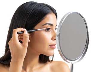 Young Woman Applying Eye Makeup with Brush & Mirror - Isolated on White Background