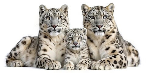 Obraz premium Snow leopard family portrait isolated on white background, cute baby animal isolated on white background