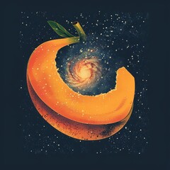 A vibrant orange slice of a pumpkin, revealing a swirling galaxy within