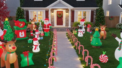 Front lawn features vibrant holiday inflatables, a candy cane walkway, and festive lights for a cheerful seasonal display - Powered by Adobe