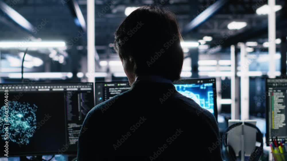 Poster admin in server room drinks coffee while using ai to review infrastructure diagnostics. it specialis
